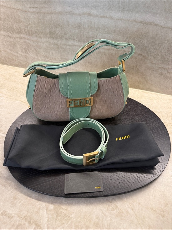 Fendi Handbags - Fendi Zucca Mint Green and Beige Canvas Leather Baguette Shoulder Bag with Belt